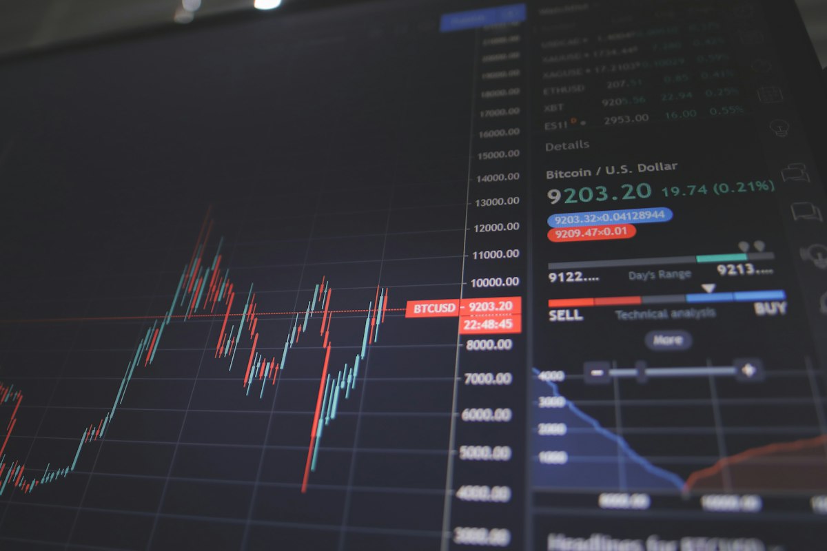 Tablet displaying financial growth charts, percentage indicators, and investment analysis